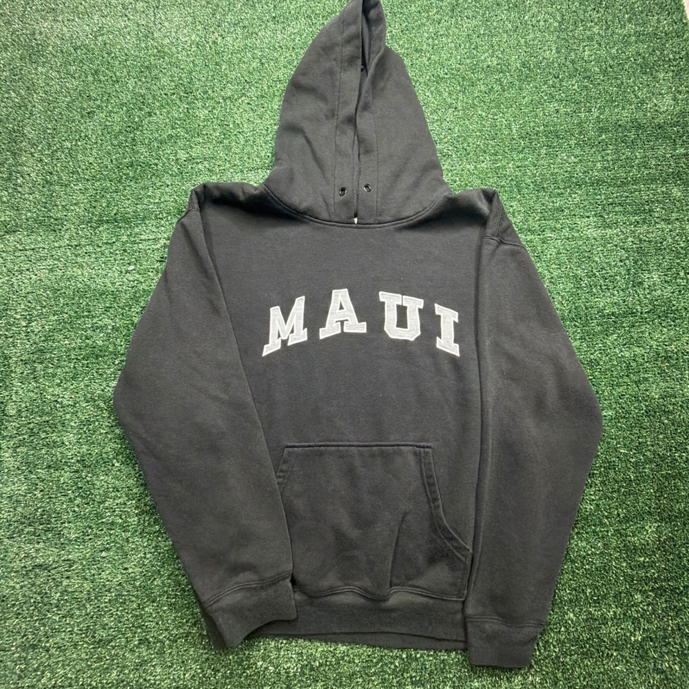 Surf Y2K style Hawaii USA Maui Pullover Hoodie Men L Black Graphic Sweatshirt